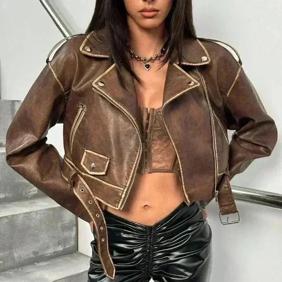 Brown Casual Women's Washed Fabric Moto Jacket - Picture 7 of 7